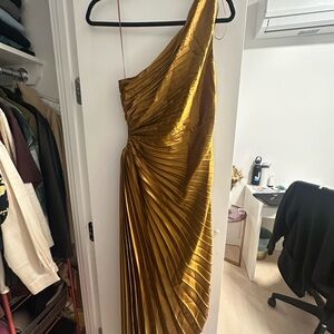 Gold One-Shoulder Pleated Dress